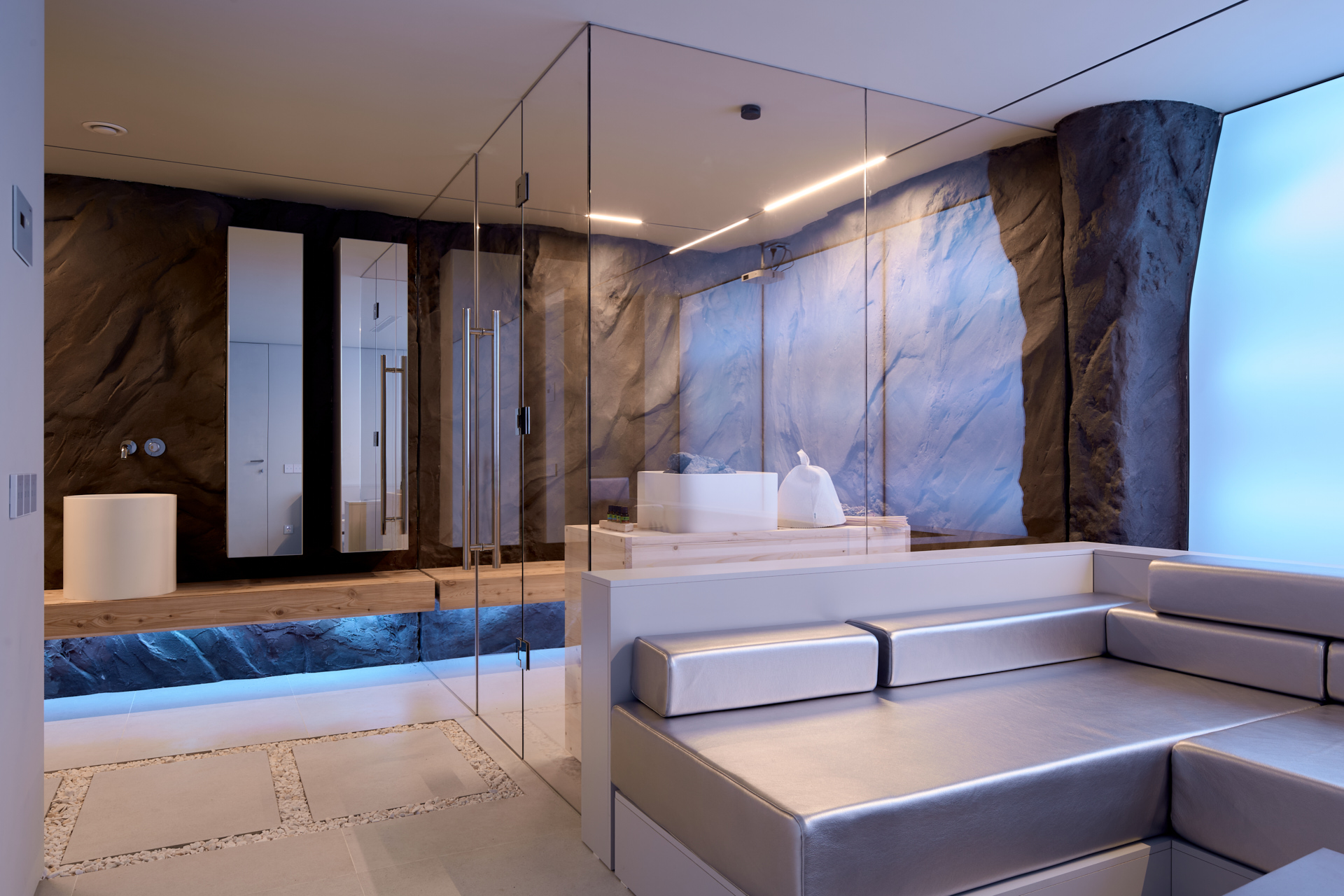Chipboard Lamarty in the decor "Gray 7810" in the project "Dachny Otvet". Sauna, lightning and Norwegian rocks