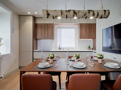 Lamarty in "Noce Mondiale" decor and SyPly plywood in "Dachny Otvet" project on NTV. Kitchen in a birch grove.