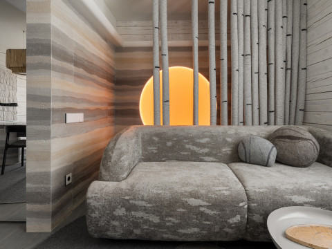 Lamarty chipboard in the “Dachny Otvet” design project. Kitchen-living room with an earthy-toned island